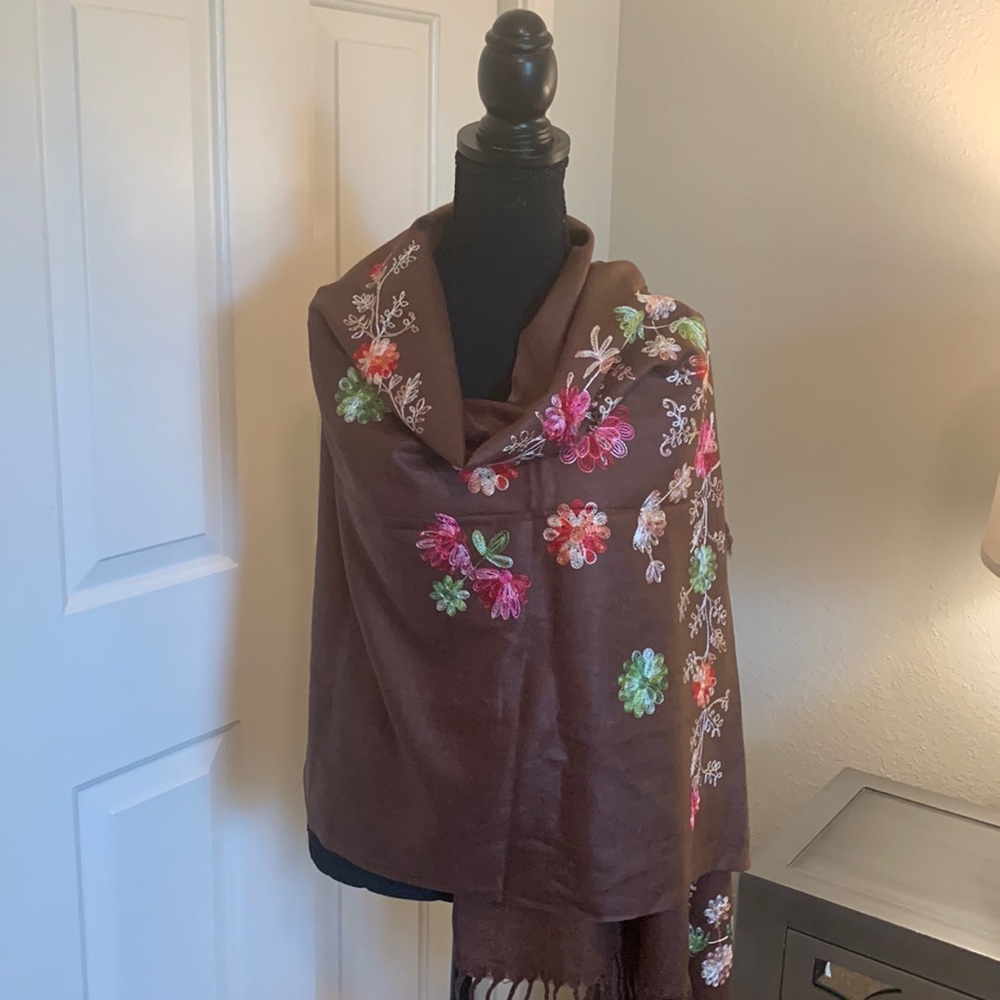 Beautifully Embroidered Brown Scarf/Shawl
